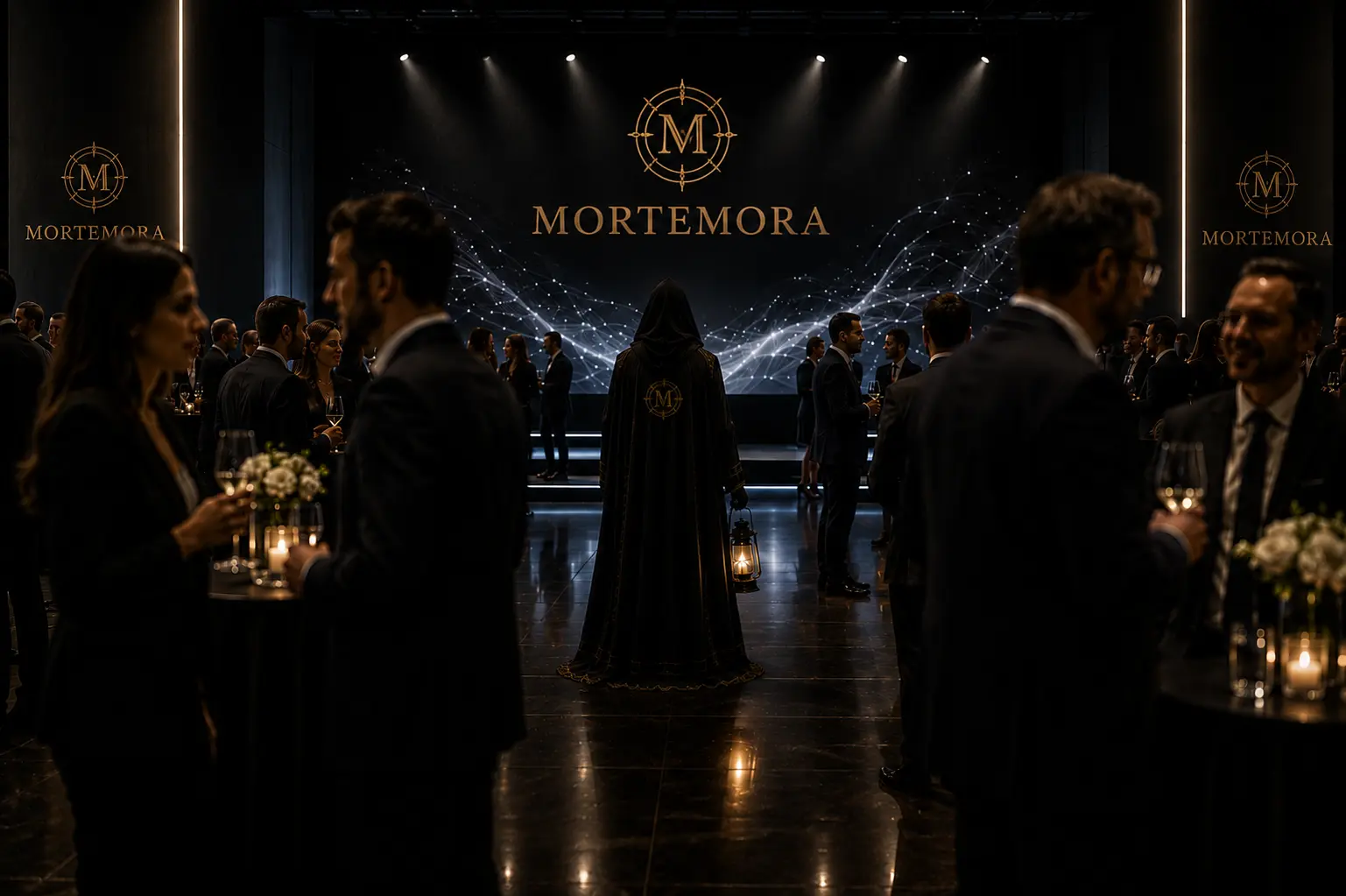 Il Testimone MORTEMORA con lanterna davanti al palco di un evento aziendale con logo MORTEMORA e ospiti in abito scuro