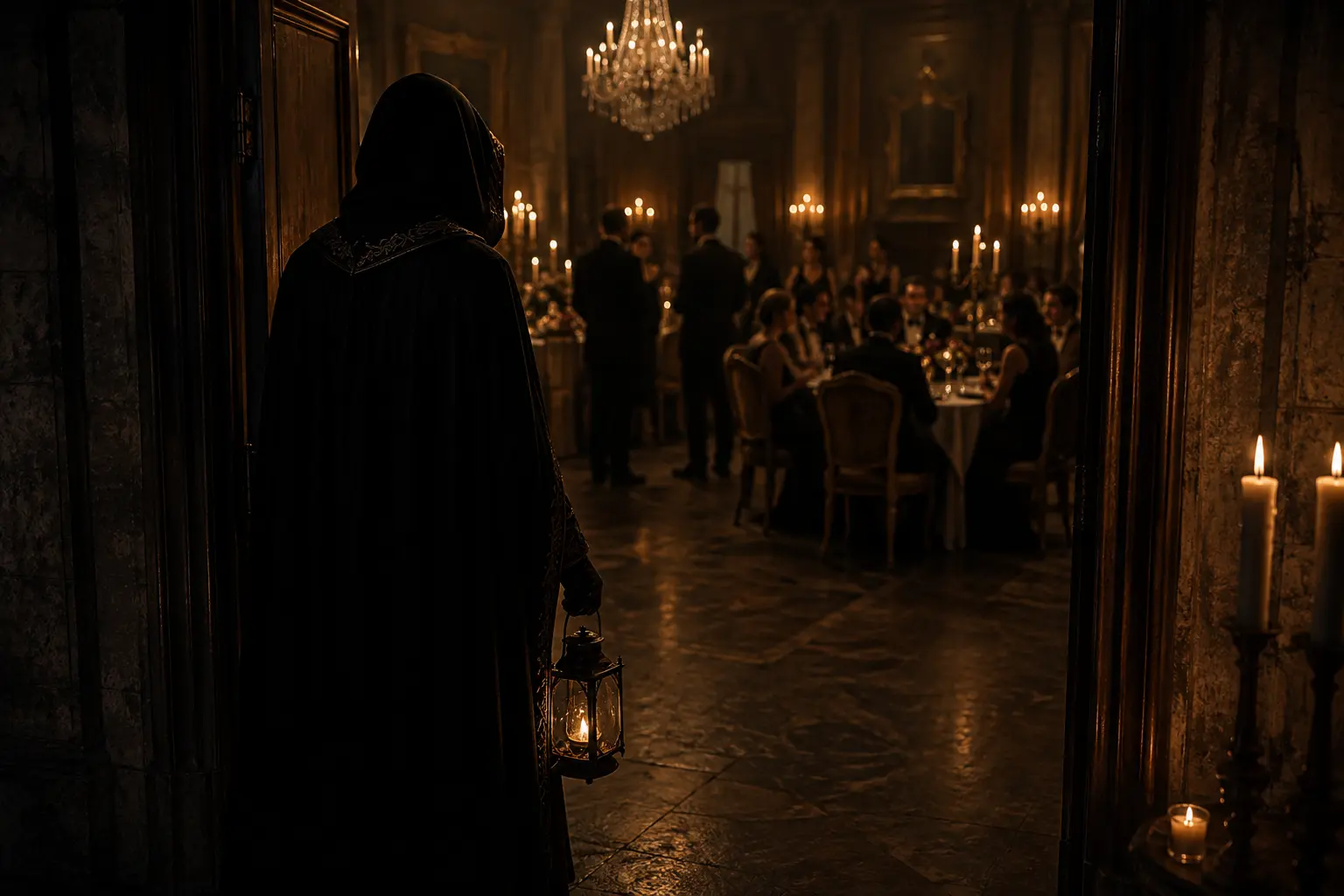 Il Testimone MORTEMORA sulla soglia di una sala storica illuminata a candele, con la lanterna in mano, mentre osserva gli ospiti di una cena di gala