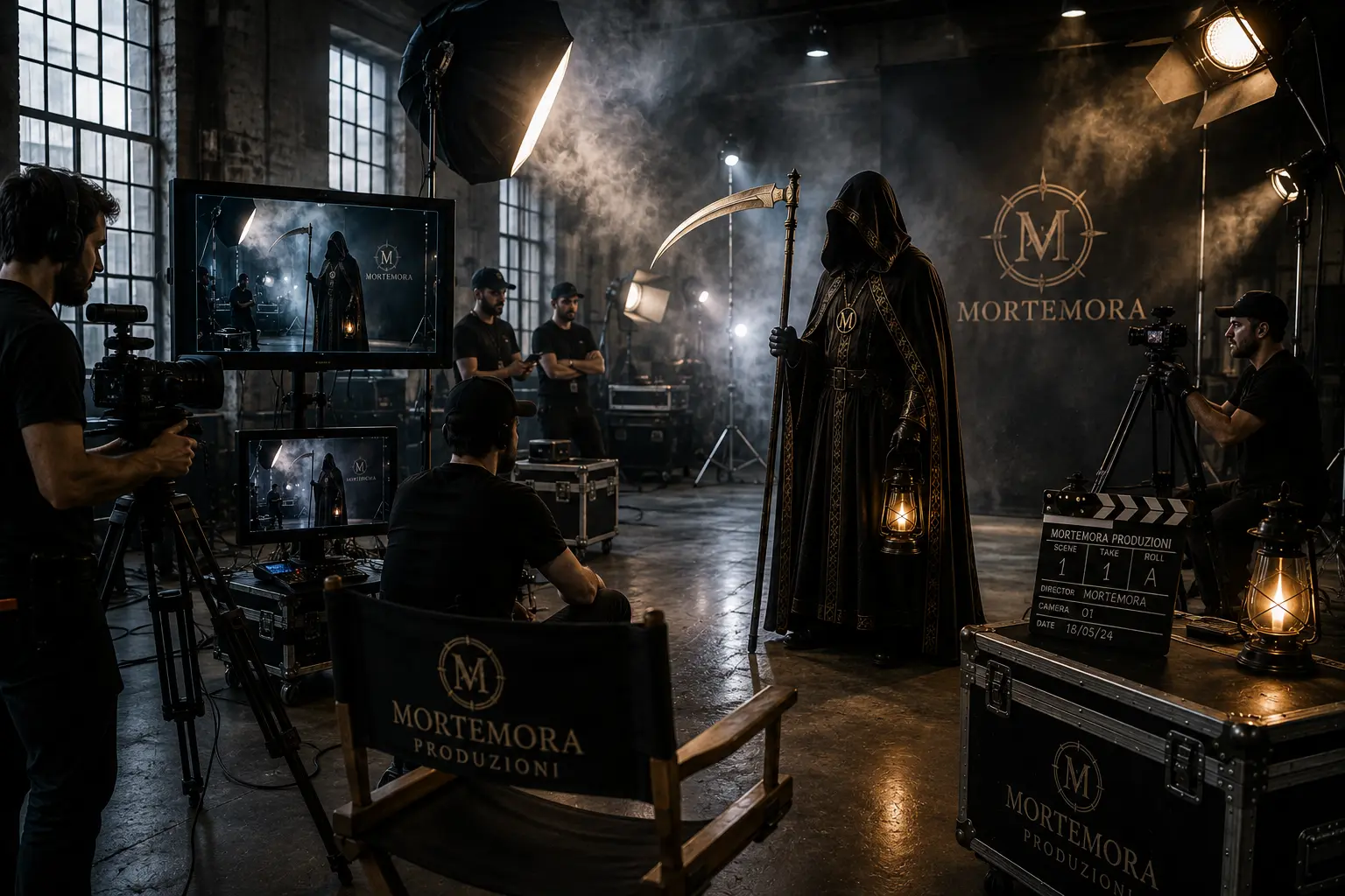 Il Testimone MORTEMORA con falce e lanterna su un set cinematografico professionale con troupe, luci e monitor