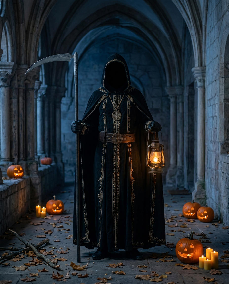 Il Testimone con falce e lanterna in un chiostro notturno per Halloween