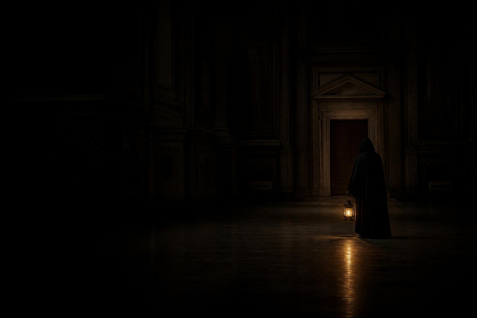 Il Testimone MORTEMORA, figura distante e immobile con la lanterna, rivolto verso l'uscita di una sala storica al buio